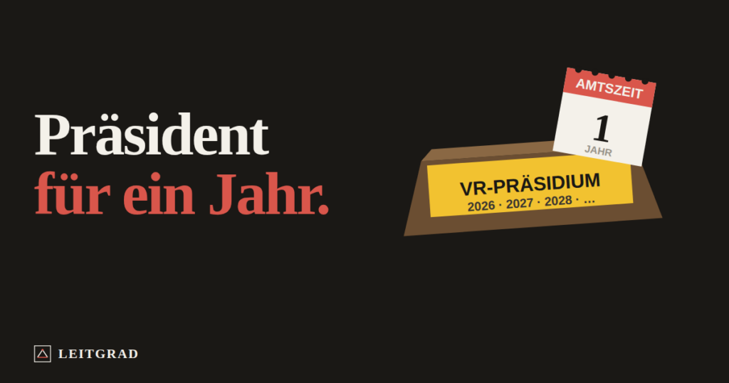 Beitragsbild: Präsident für ein Jahr. Namensschild VR-Präsidium mit Kalenderblatt Amtszeit 1 Jahr.
