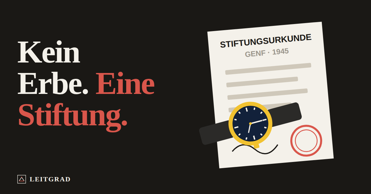 Eine Armbanduhr liegt auf einer Stiftungsurkunde Genf 1945. Text: Kein Erbe. Eine Stiftung.