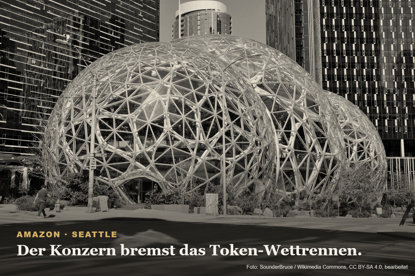 Schwarzweissfoto des Amazon-Hauptsitzes in Seattle mit den gläsernen Kuppeln der Spheres. Darauf der Satz: Der Konzern bremst das Token-Wettrennen.