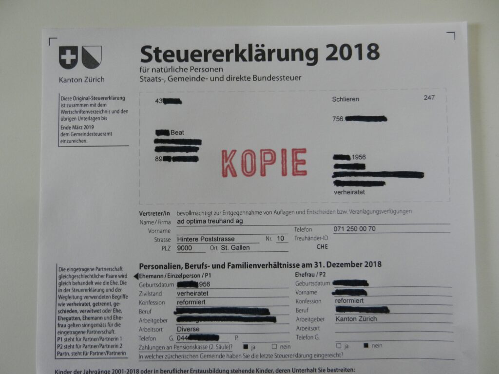 Formular einer Steuererklärung des Kantons Zürich