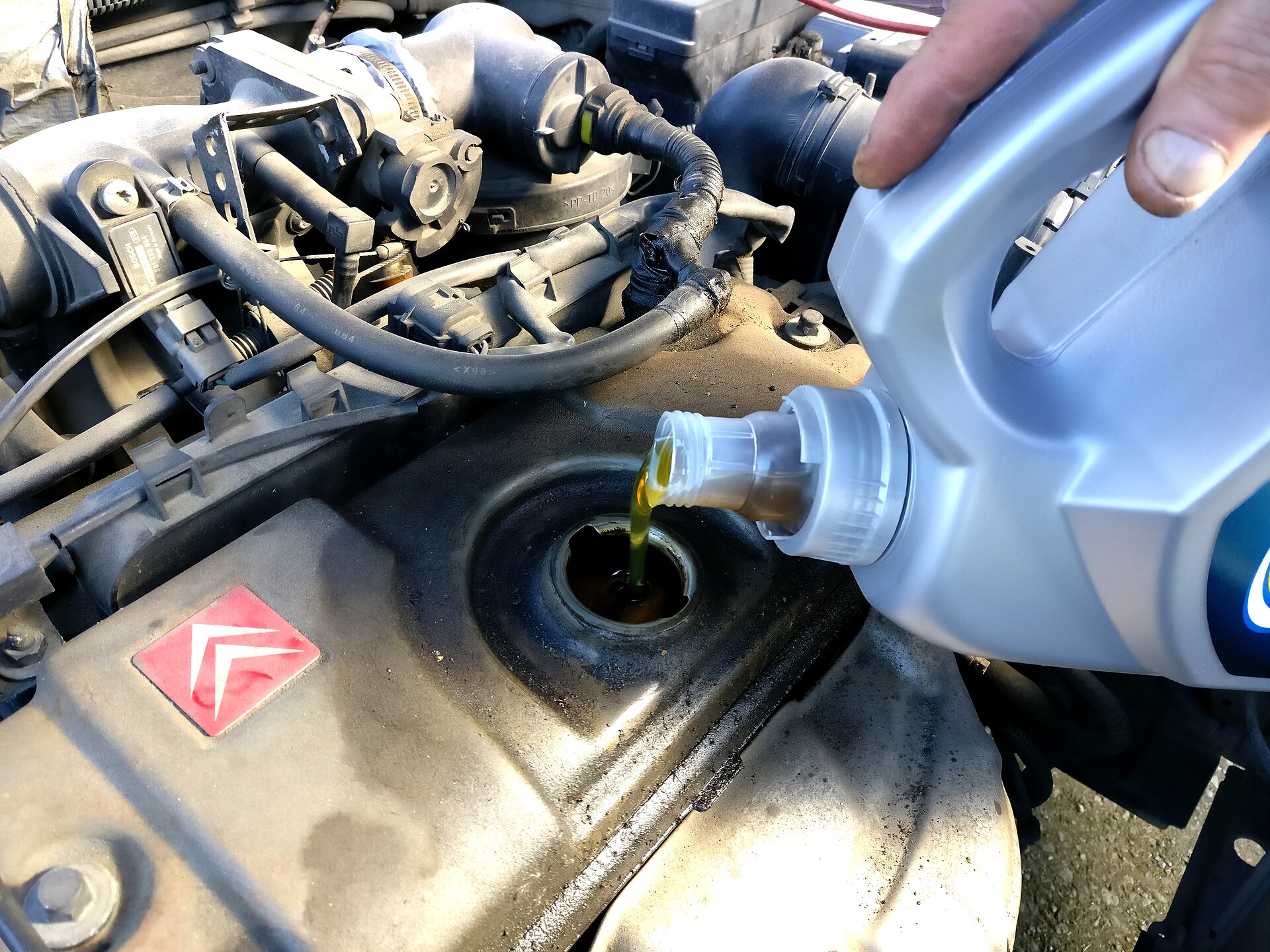 Motorenöl wird in einen Motor gefüllt Motorenöl wird in einen Motor gefüllt