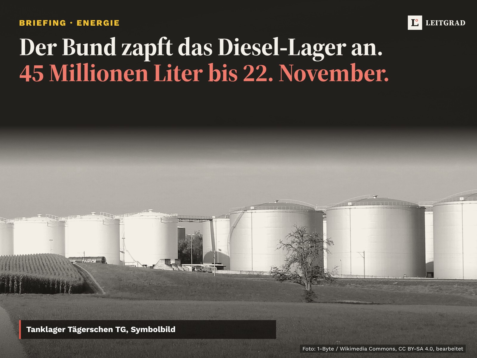 diesel-hero-1600×1200-1 Tanklager in Tägerschen TG, schwarzweiss bearbeitet, Symbolbild. Titel: Der Bund zapft das Diesel-Lager an.