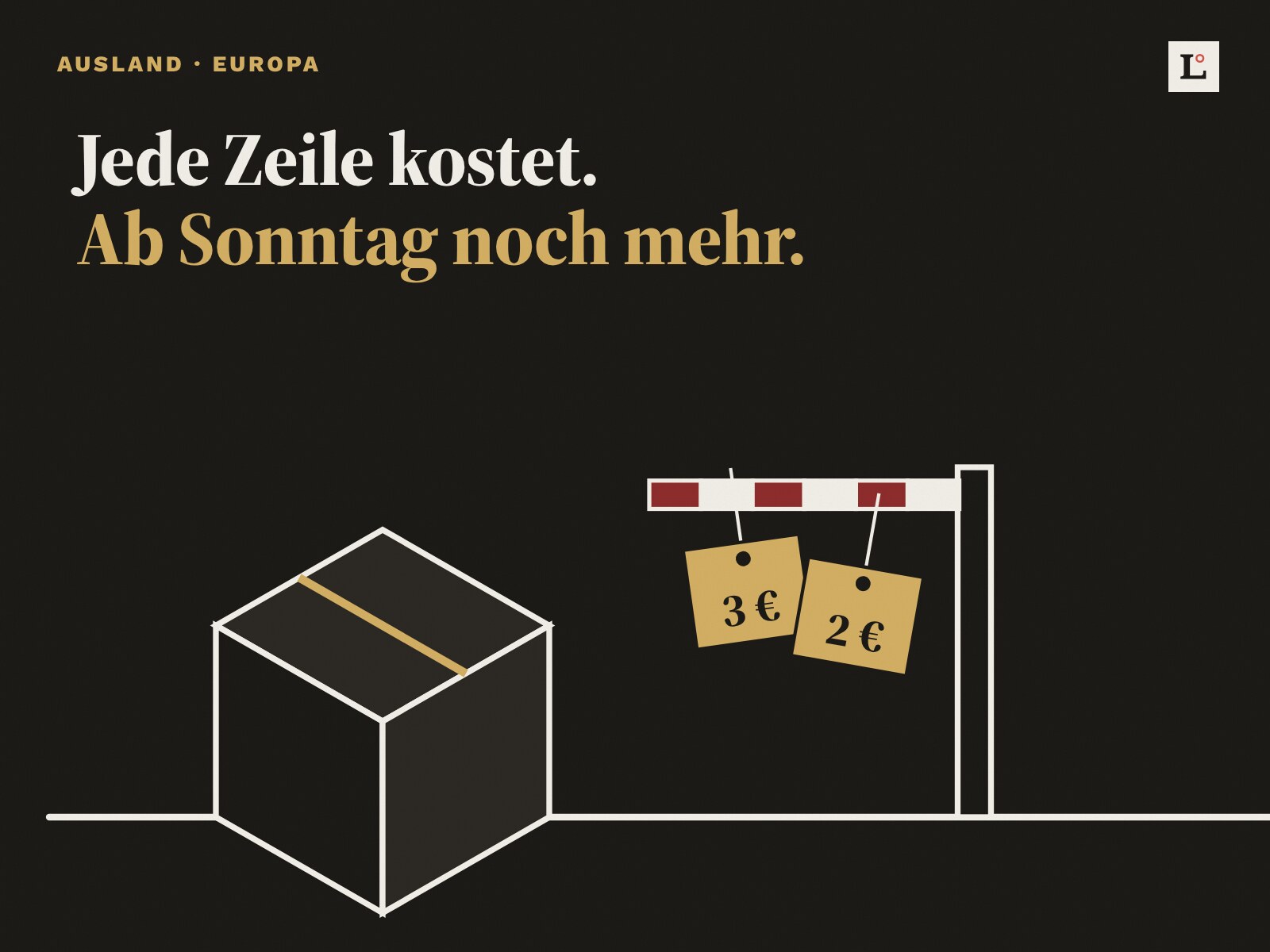 Ab Sonntag kostet jede Position im EU-Päckli 2 Euro mehr. Nach Deutschland zahlt Illustration: Ein Paket steht vor einem rot-weissen Schlagbaum, an dem zwei Preisschilder mit 3 Euro und 2 Euro hängen. Dazu der Satz: Jede Zeile kostet. Ab Sonntag noch mehr.