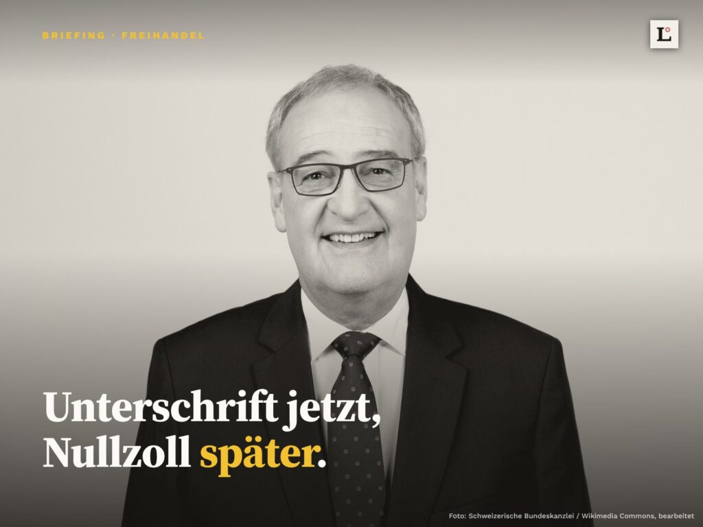 Bundespräsident Guy Parmelin, schwarzweiss. Unten links die These: Unterschrift jetzt, Nullzoll später.