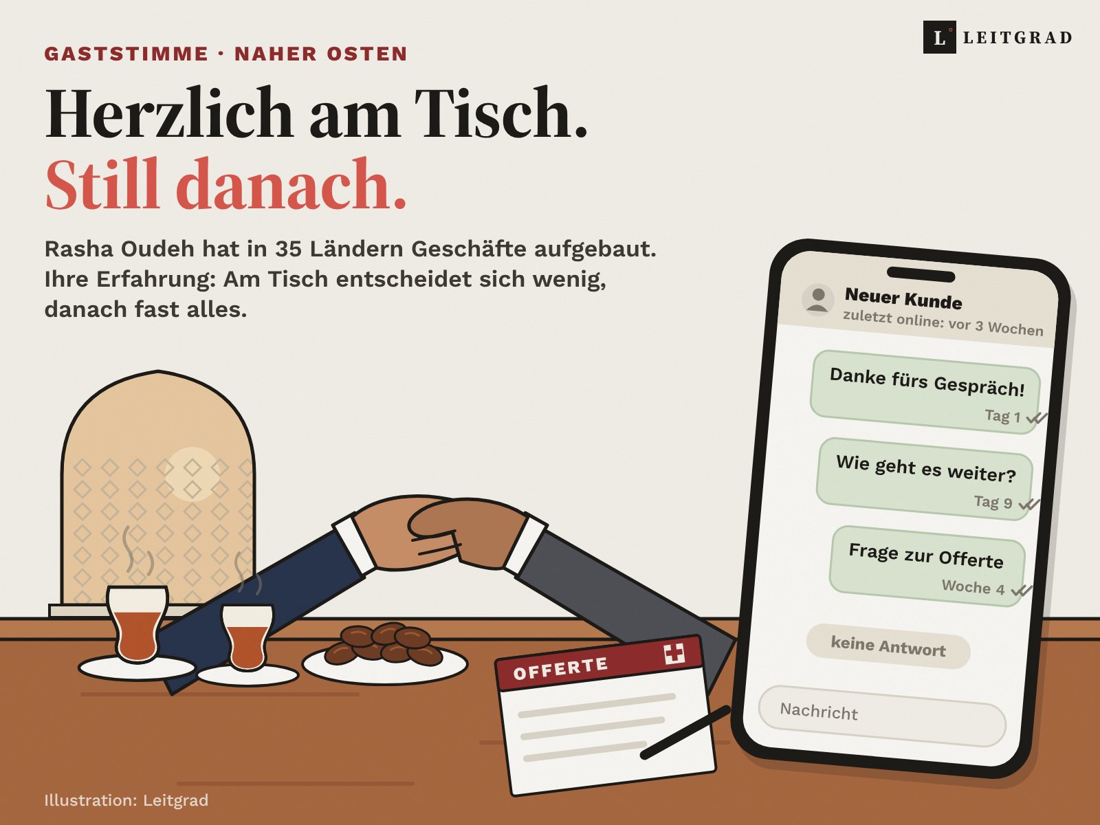 gaststimme-naher-osten-herzlich-still-danach Illustration: Zwei Hände beim Handschlag über einem Tisch mit Tee und Datteln, daneben ein Handy, auf dem drei Nachrichten an einen neuen Kunden unbeantwortet bleiben