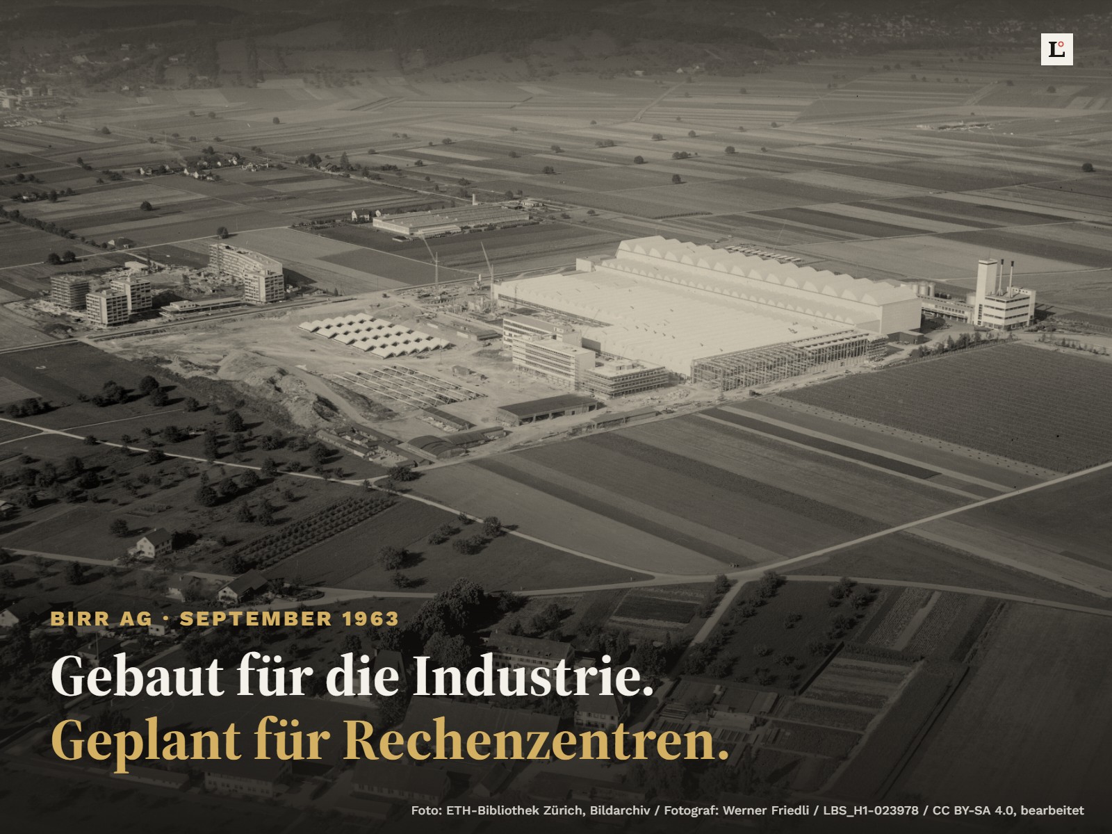 Luftaufnahme des Industriestandorts Birr AG mit dem Werk von Brown Boveri im September 1963, Schwarzweiss