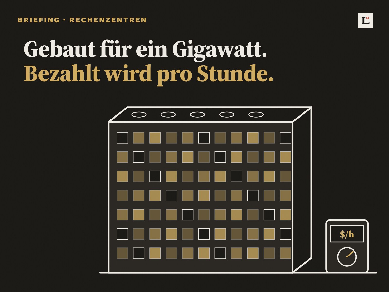 Ein KI-Rechenzentrum mit einem Gigawatt verliert in 98 von 100 Simulat hero Illustration: Ein riesiger Rechenzentrumsblock vor einem kleinen Stundenzähler