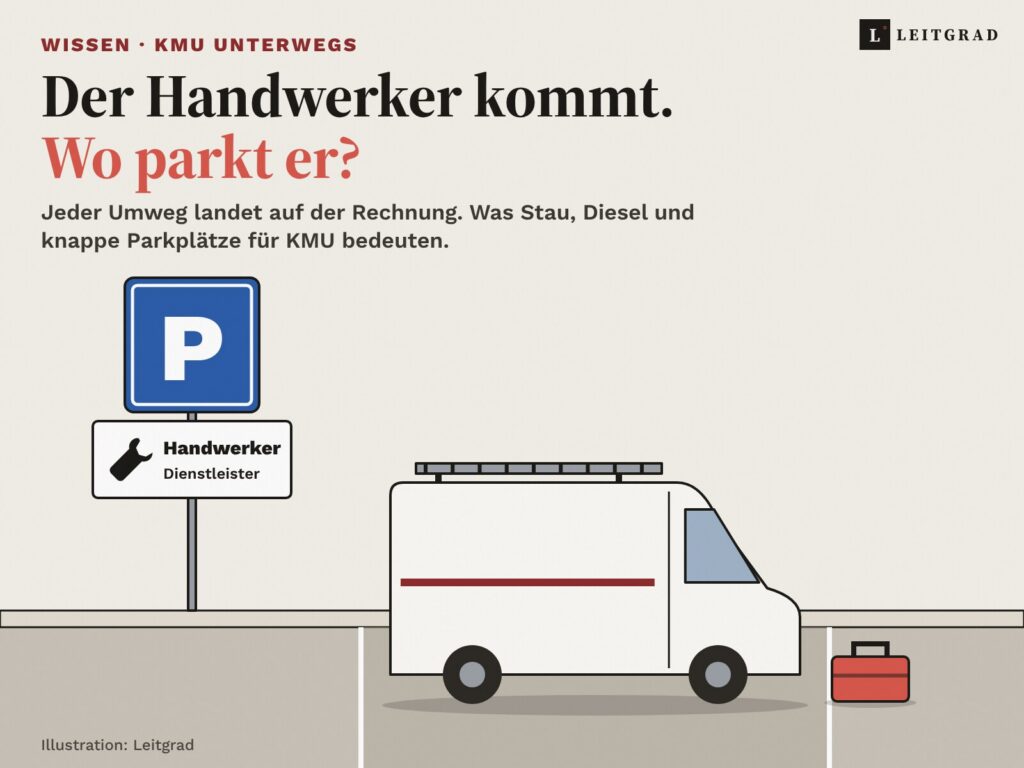 Illustration: Ein blaues Parksignal mit Zusatztafel «Handwerker, Dienstleister», daneben ein weisser Servicebus mit Leiter auf dem Dach in einem markierten Parkfeld, davor ein roter Werkzeugkoffer. Darüber die Zeilen: Der Handwerker kommt. Wo parkt er?