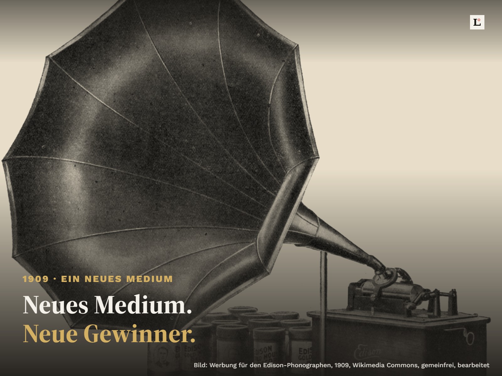 Historische Werbung für den Edison-Phonographen mit Walzen, Schwarzweiss, mit dem Label «Neues Medium. Neue Gewinner.»