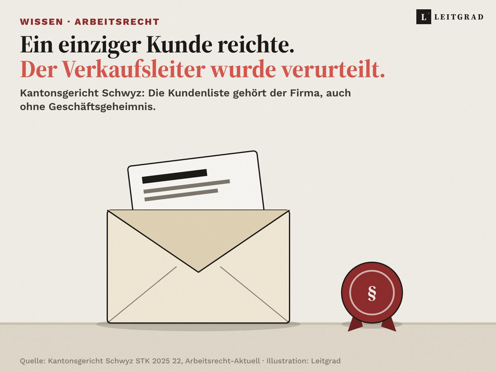 Illustration: Aus einem offenen Couvert ragt eine einzelne Visitenkarte, daneben liegt ein rotes Siegel mit Paragrafenzeichen. Darüber die Zeilen: Ein einziger Kunde reichte. Der Verkaufsleiter wurde verurteilt.