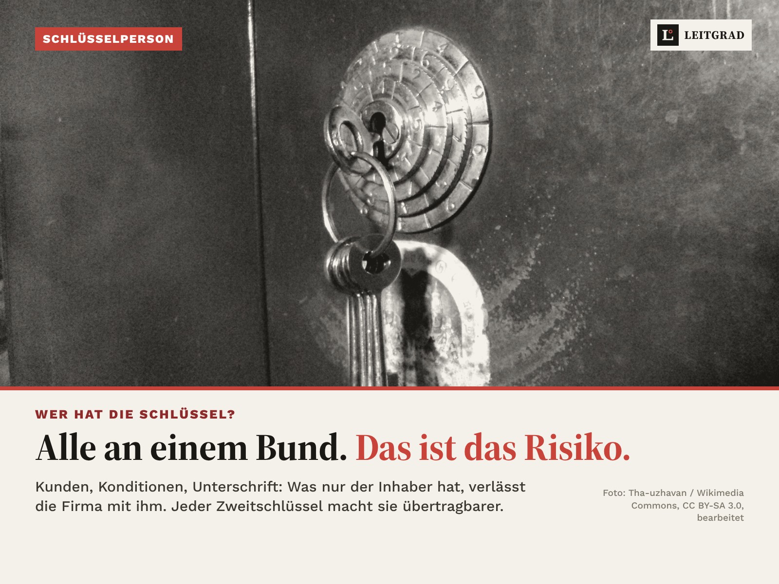 Foto: ein Schlüsselbund an einem Ring in einem Schloss, schwarzweiss bearbeitet; darunter: Alle an einem Bund. Das ist das Risiko.