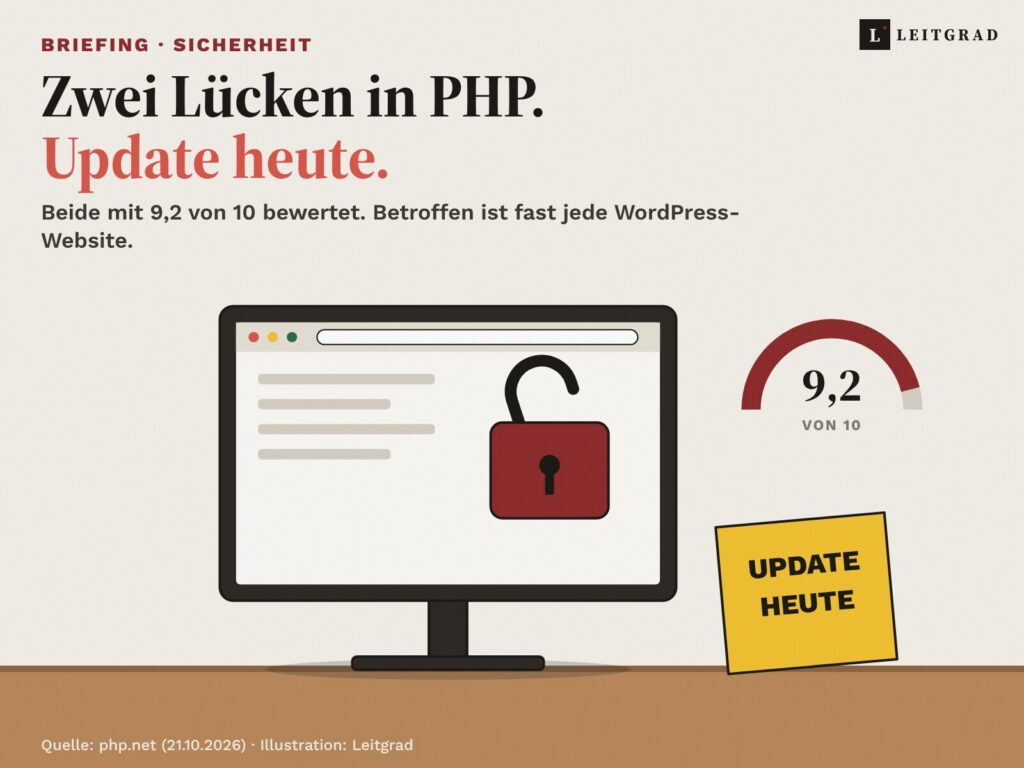 Illustration: Ein Bildschirm zeigt ein Browserfenster mit einem offenen roten Vorhängeschloss, daneben eine Skala mit dem Wert 9,2 von 10 und ein gelber Notizzettel mit der Aufschrift Update heute.