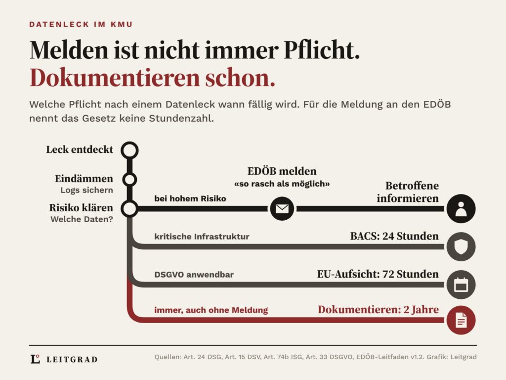 Liniennetz als Grafik: Vom entdeckten Datenleck über Eindämmen und Risiko klären zweigen vier Linien ab, zum EDÖB, zum BACS, zur DSGVO und zum Dokumentieren, das immer gilt
