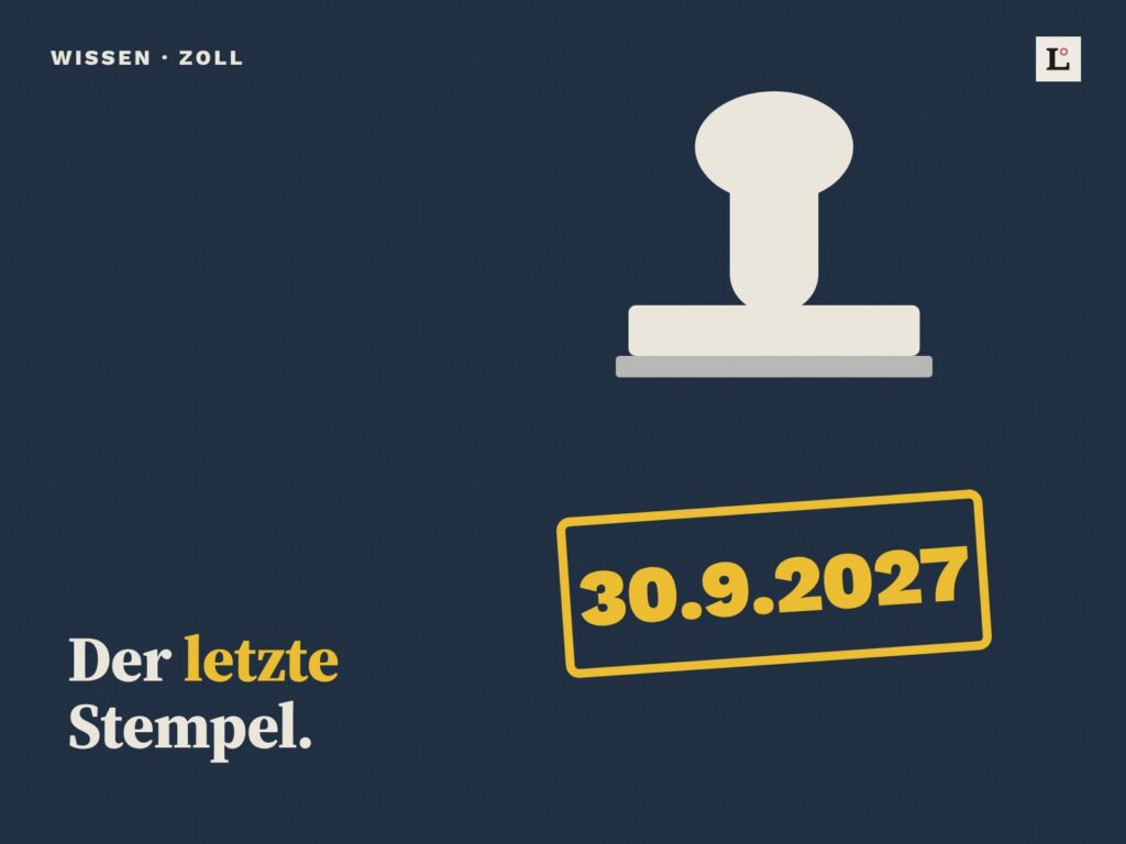 Nachtblaue Fläche mit einem hellen Stempel als Scherenschnitt und dem goldenen Abdruck 30.9.2027. Daneben: Der letzte Stempel.
