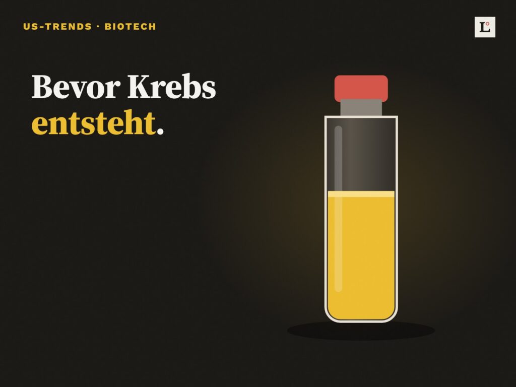 Dunkle Illustration: eine Ampulle mit golden leuchtendem Inhalt. Daneben: Bevor Krebs entsteht.