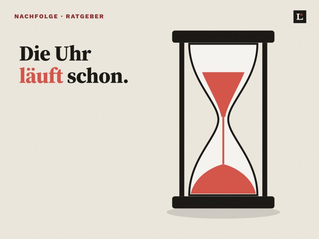 Grosse Sanduhr mit rotem Sand auf hellem Grund. Daneben: Die Uhr läuft schon.