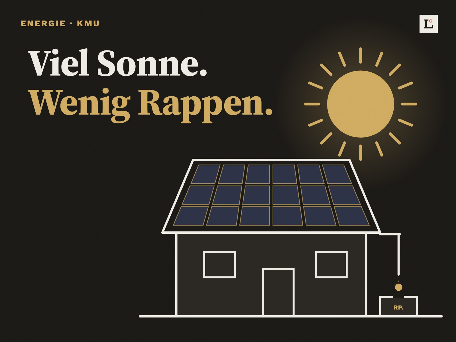 Illustration auf dunklem Grund: Eine grosse goldene Sonne über einem Haus mit Solarmodulen auf dem Dach. Aus dem Fallrohr fällt nur eine kleine Münze in eine Kasse mit der Aufschrift Rp. Text: Viel Sonne. Wenig Rappen.