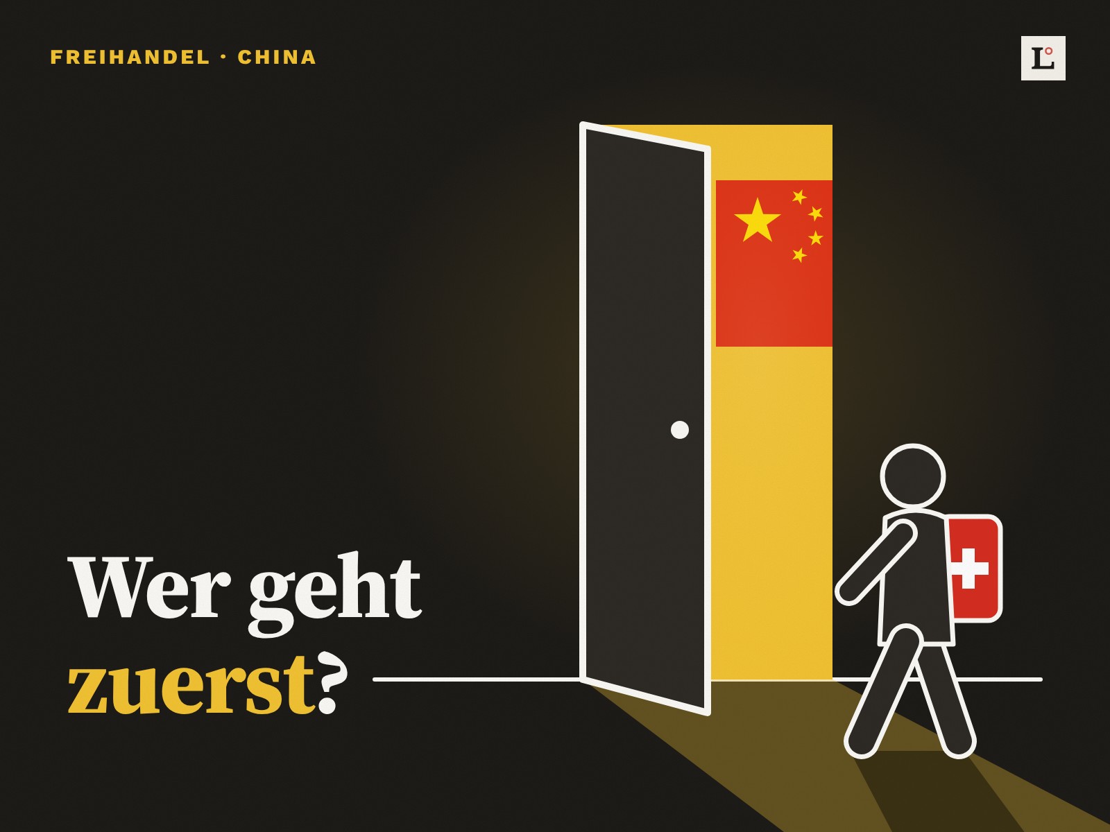 Teaser China-Abkommen v2 Illustration: Eine Tür steht offen, im Lichtspalt hängt die Flagge Chinas. Davor geht eine Figur mit Schweizerkreuz auf dem Rucksack auf die Tür zu. Daneben: Wer geht zuerst?