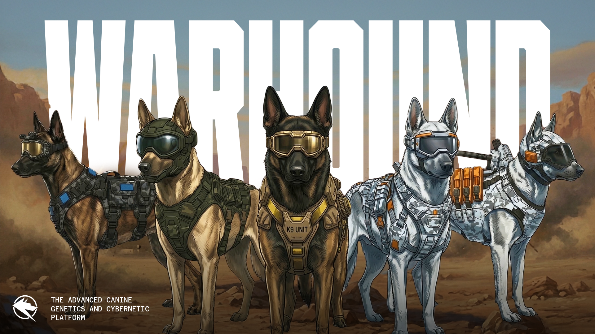 Marketingbild von Warhound: fünf Malinois und Schäferhunde mit Westen und Schutzbrillen vor einer Wüstenlandschaft.